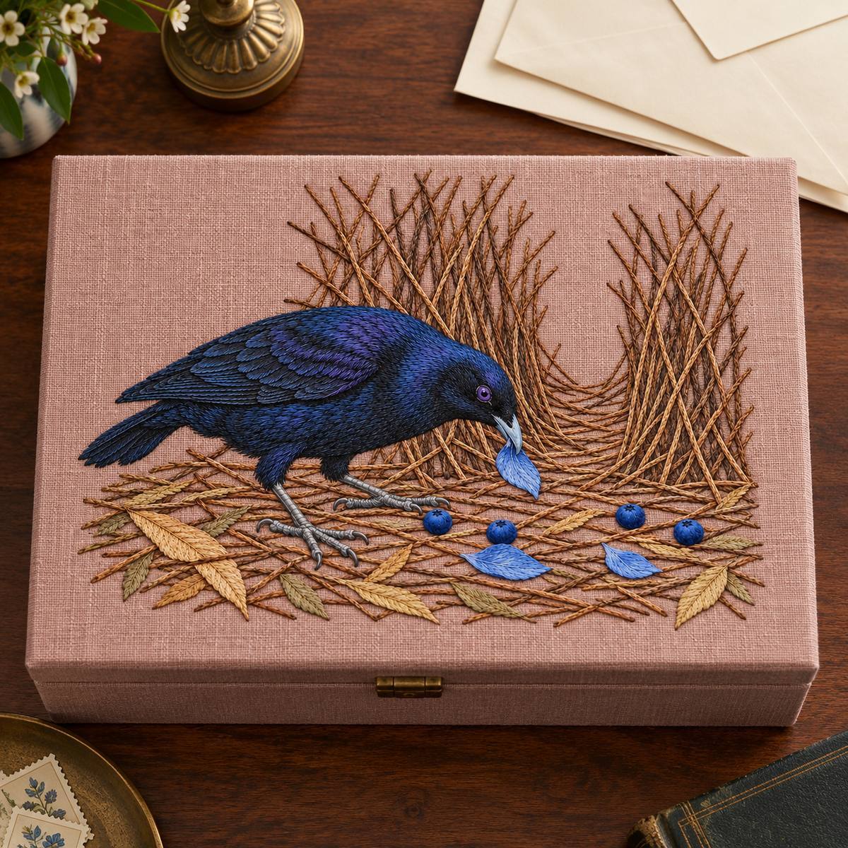 Satin Bowerbird hand embroidery design on a linen keepsake box. Digital placement mockup; finished item and materials are not included.