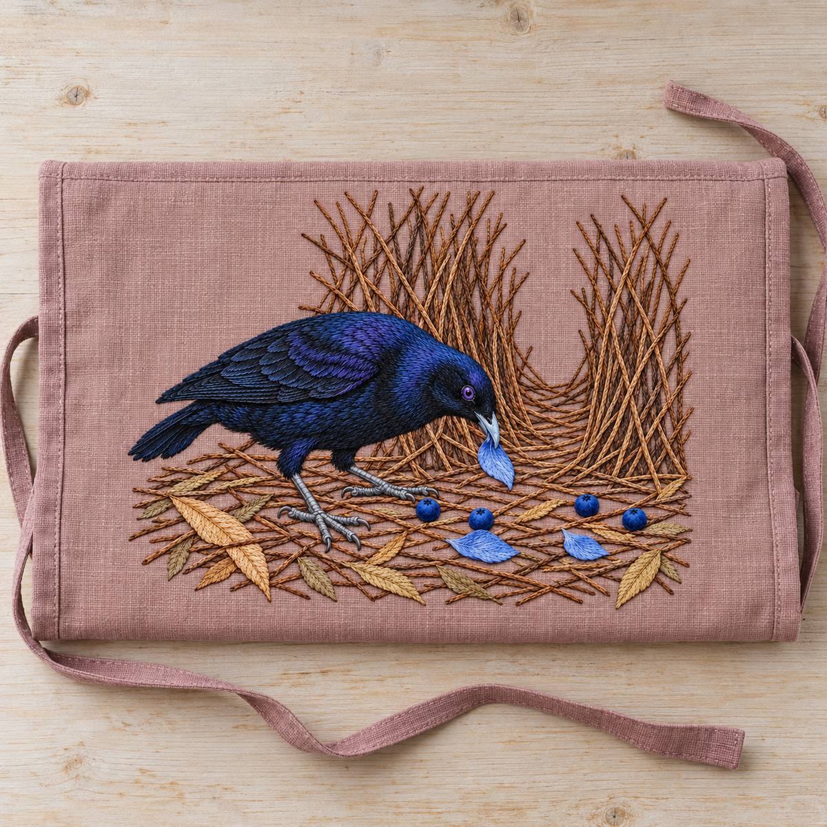 Satin Bowerbird hand embroidery design on a pink textile wrap. Digital placement mockup; finished item and materials are not included.