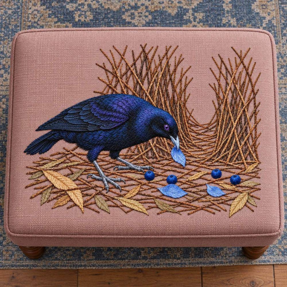 Satin Bowerbird hand embroidery design on a padded carrying case. Digital placement mockup; finished item and materials are not included.