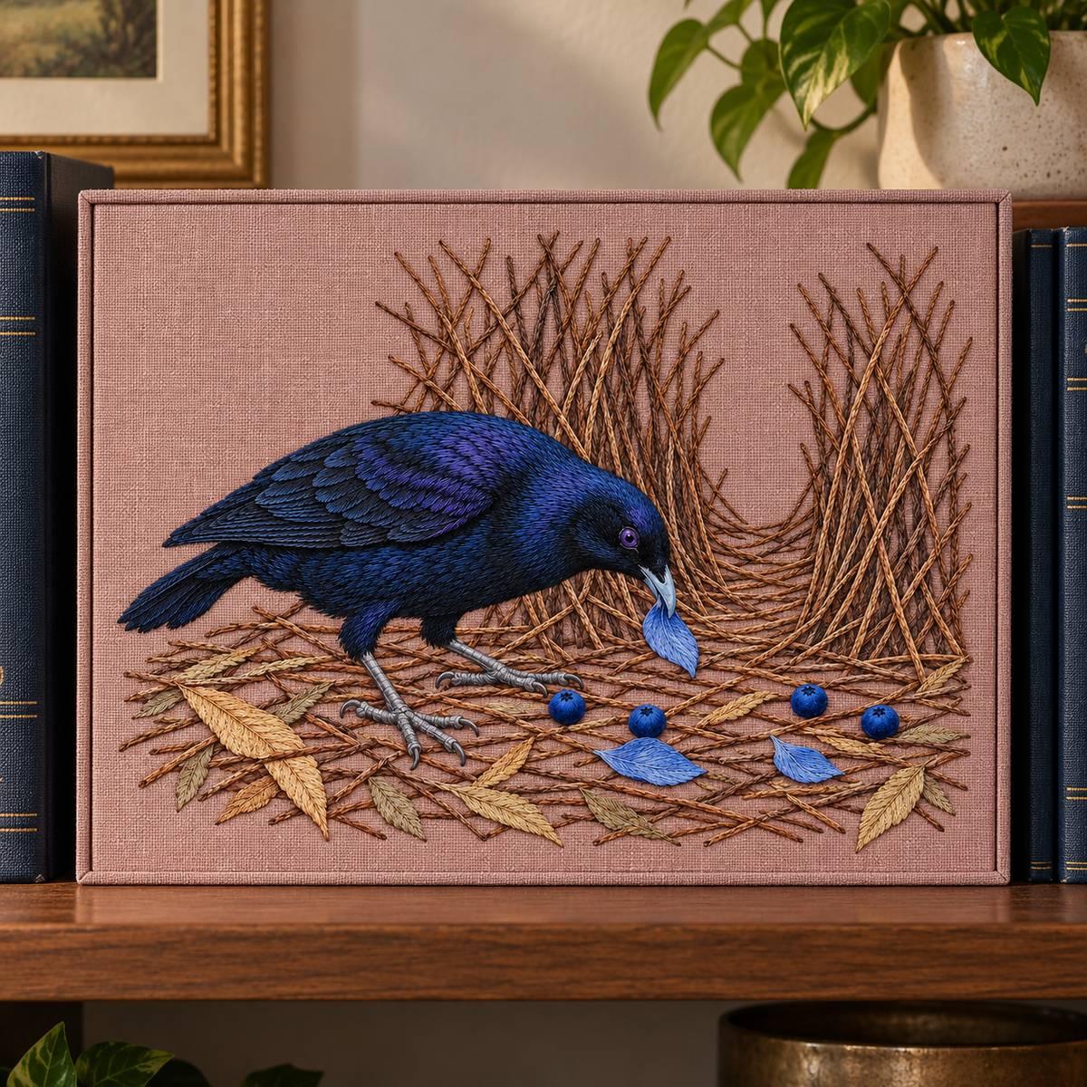 Satin Bowerbird hand embroidery design on a framed panel on a shelf. Digital placement mockup; finished item and materials are not included.