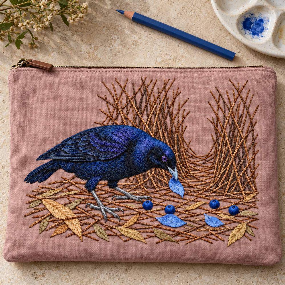 Satin Bowerbird hand embroidery design on a zippered sewing pouch. Digital placement mockup; finished item and materials are not included.