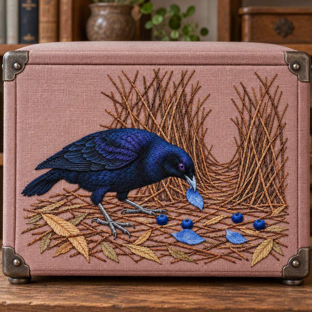 Satin Bowerbird hand embroidery design on a reinforced textile case. Digital placement mockup; finished item and materials are not included.