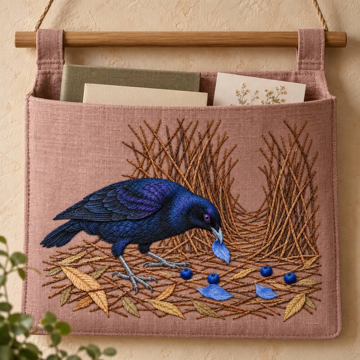Satin Bowerbird hand embroidery design on a hanging pocket organiser. Digital placement mockup; finished item and materials are not included.