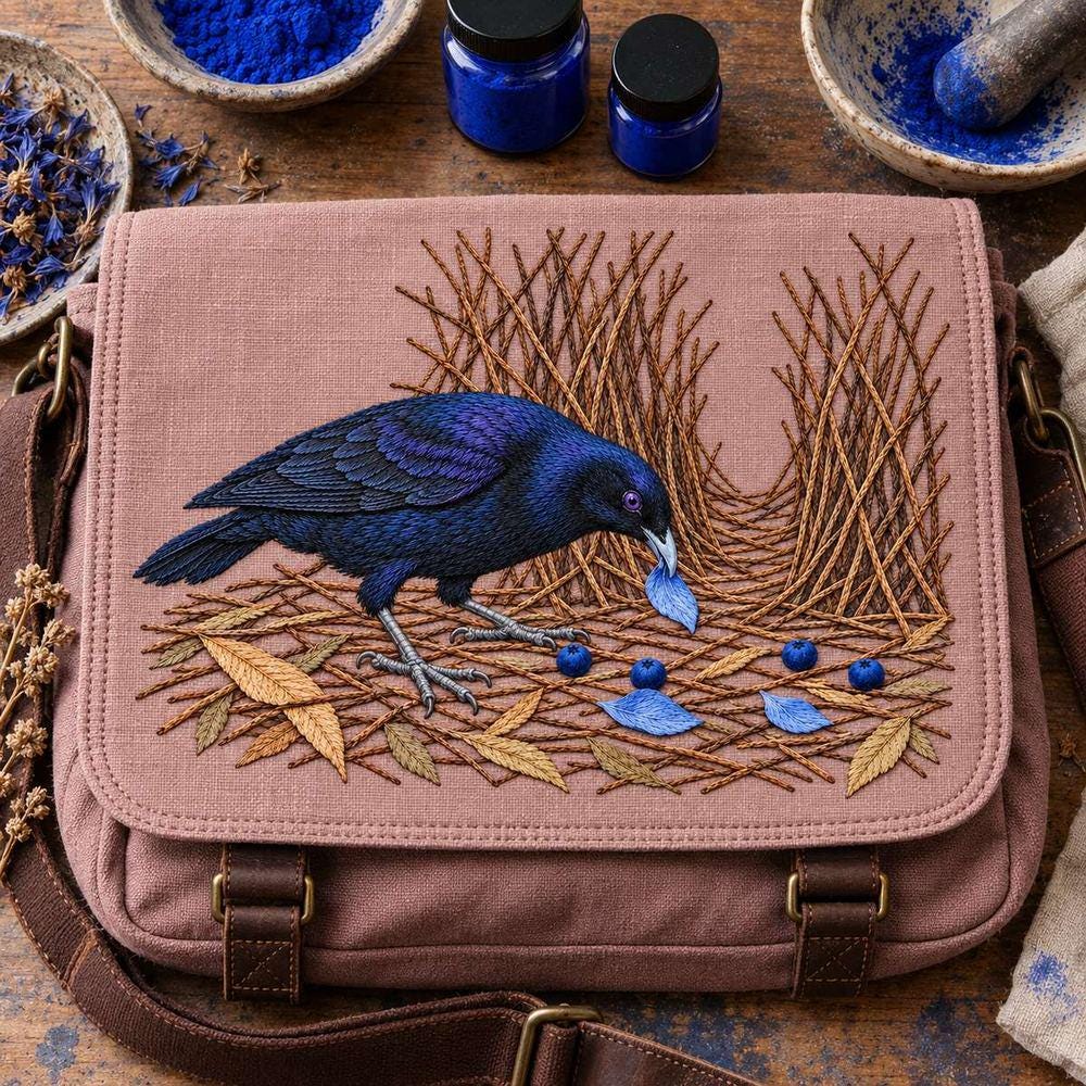 Satin Bowerbird hand embroidery design on a pink satchel. Digital placement mockup; finished item and materials are not included.