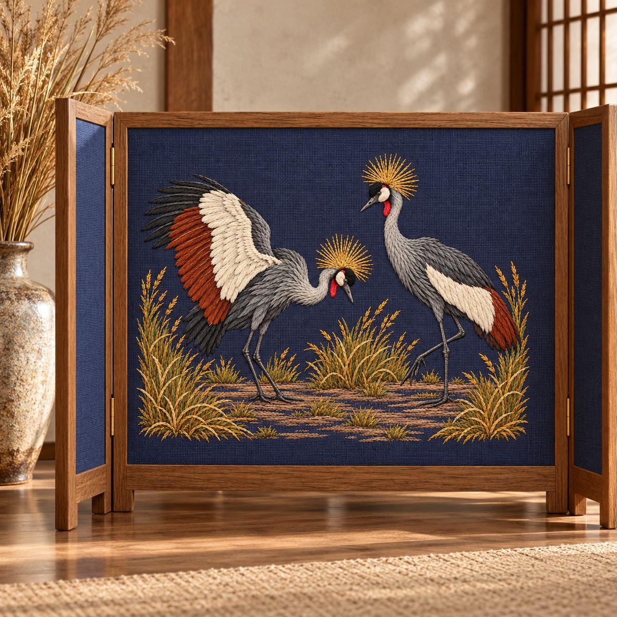 Crowned Crane Pair hand embroidery design on a standing wooden display screen. Digital placement mockup; finished item and materials are not included.