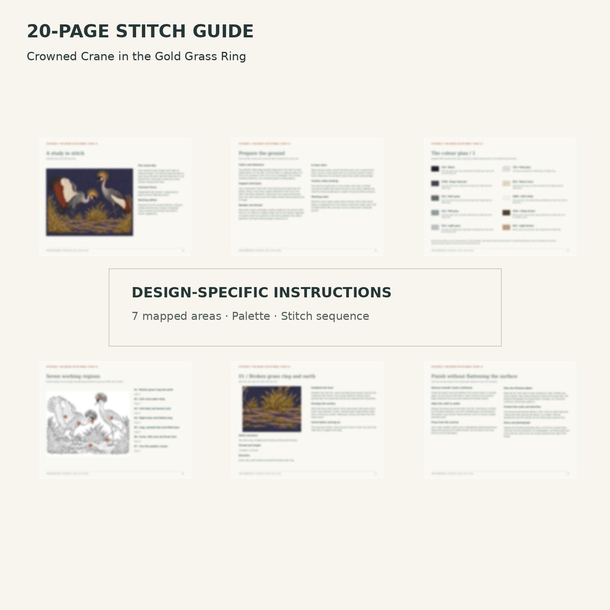 Protected page overview of the 20-page Crowned Crane Pair stitch guide, including its numbered map, suggested palette and working sequence.