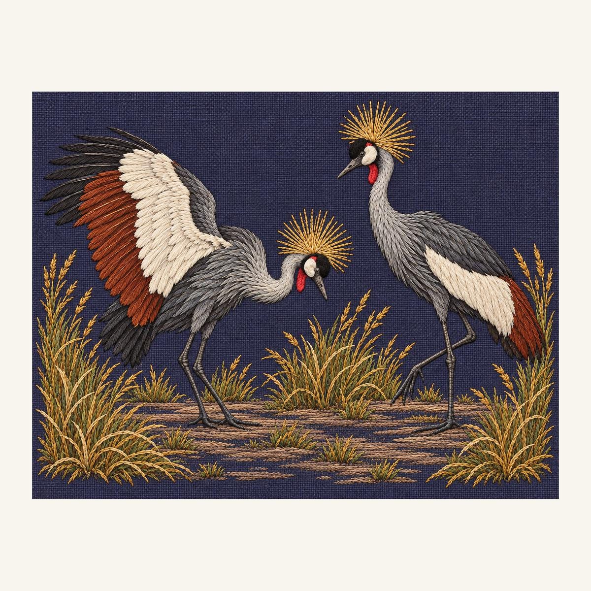 Digital embroidery reference showing two crowned cranes in contrasting poses on deep washed indigo-plum linen, landscape composition.