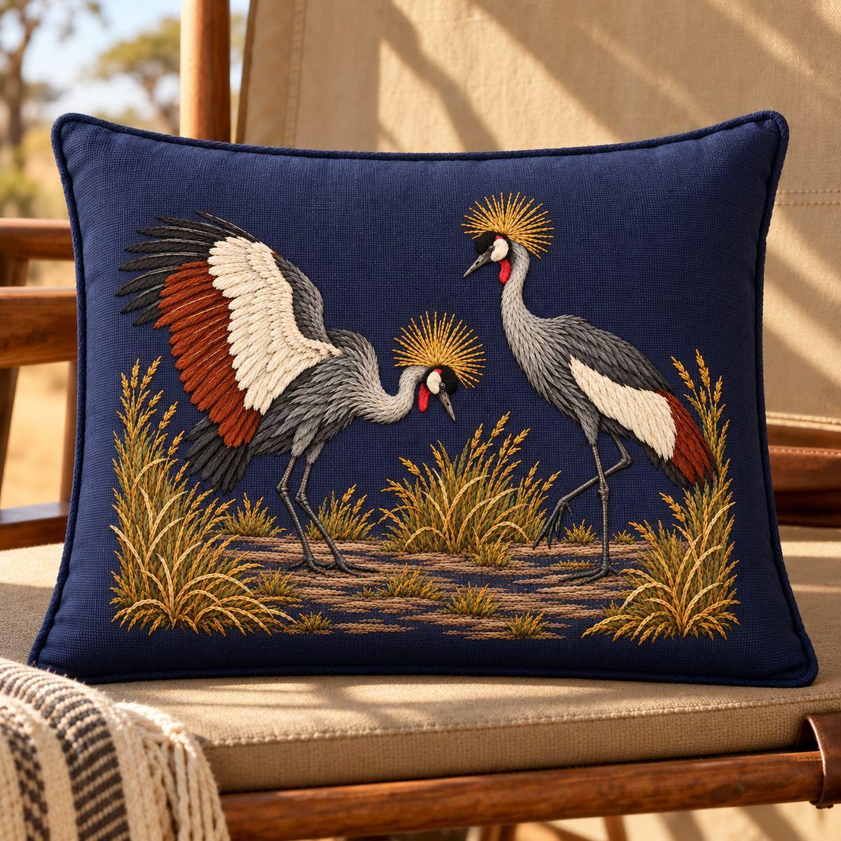 Crowned Crane Pair hand embroidery design on a blue cushion. Digital placement mockup; finished item and materials are not included.