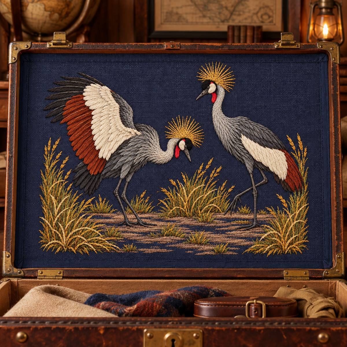 Crowned Crane Pair hand embroidery design on a framed panel on a trunk. Digital placement mockup; finished item and materials are not included.