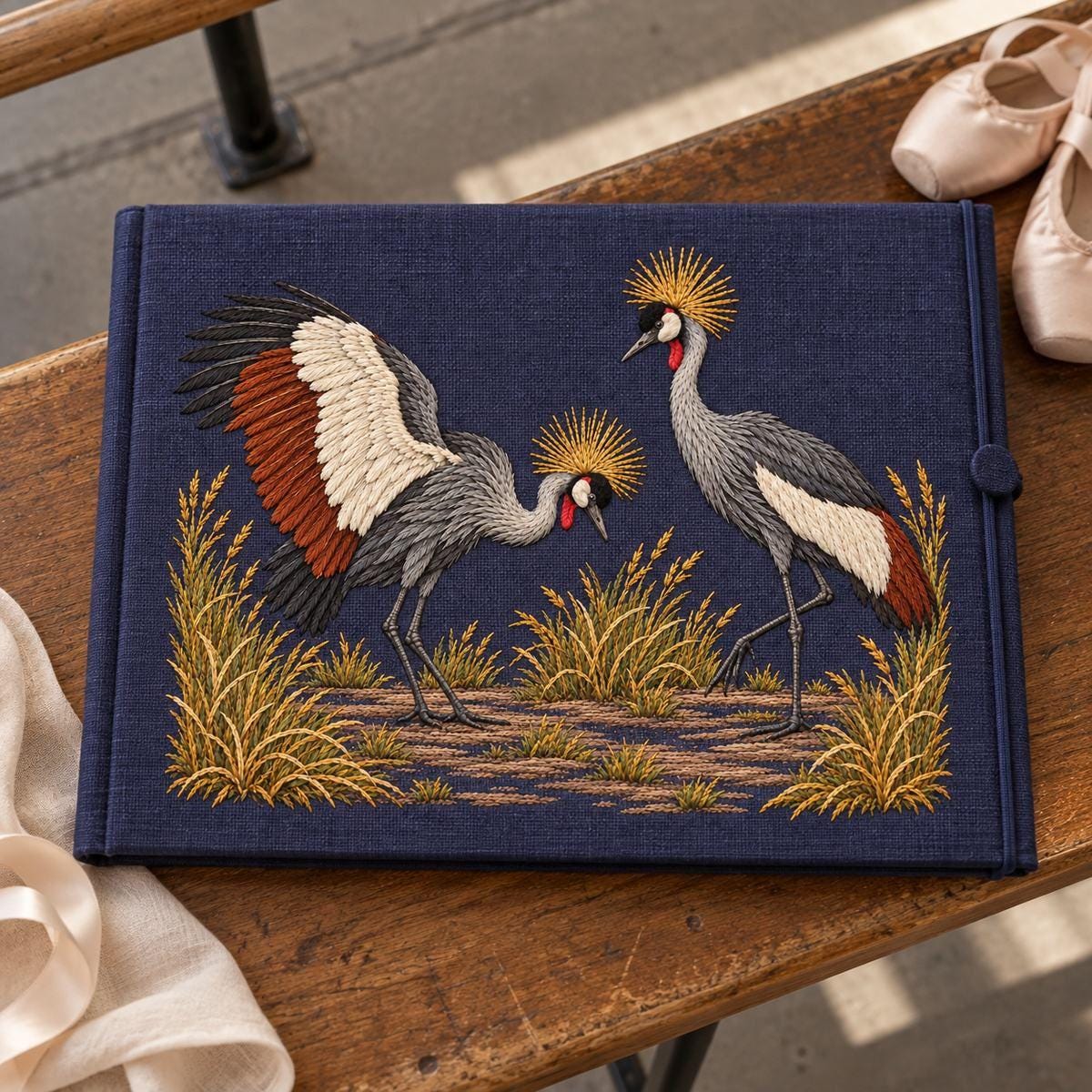 Crowned Crane Pair hand embroidery design on a blue document folio. Digital placement mockup; finished item and materials are not included.