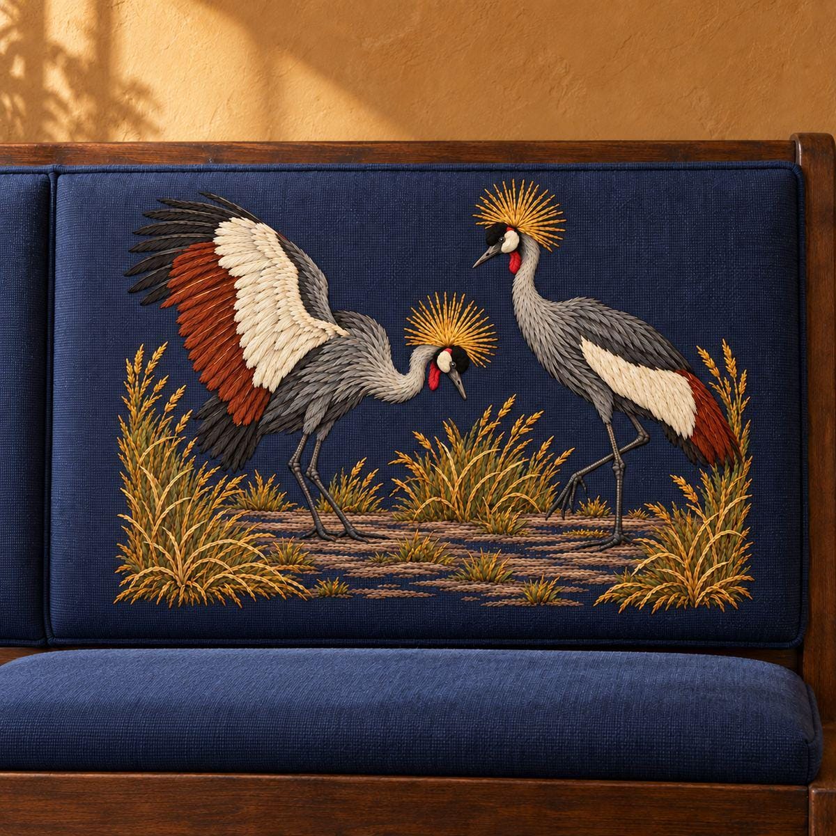 Crowned Crane Pair hand embroidery design on an upholstered bench back. Digital placement mockup; finished item and materials are not included.