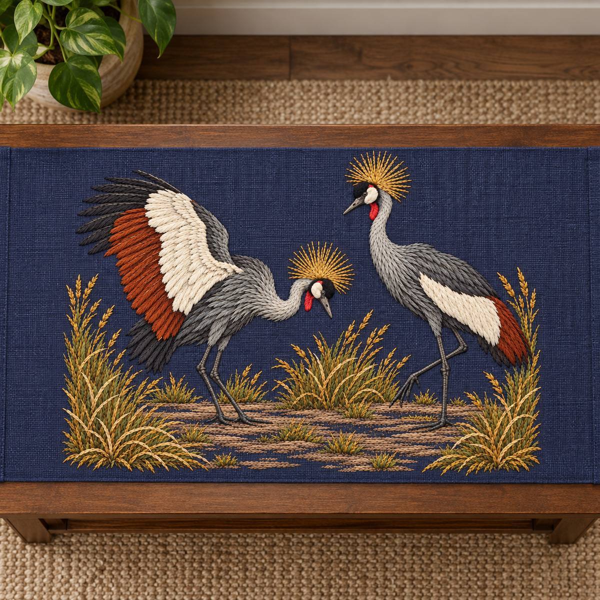 Crowned Crane Pair hand embroidery design on a long cushion on a bench. Digital placement mockup; finished item and materials are not included.