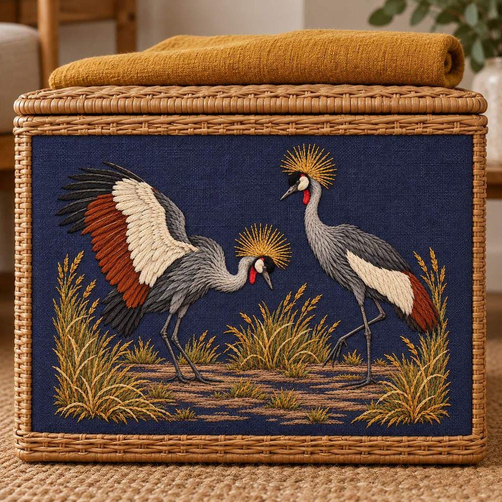 Crowned Crane Pair hand embroidery design on a wicker storage basket. Digital placement mockup; finished item and materials are not included.