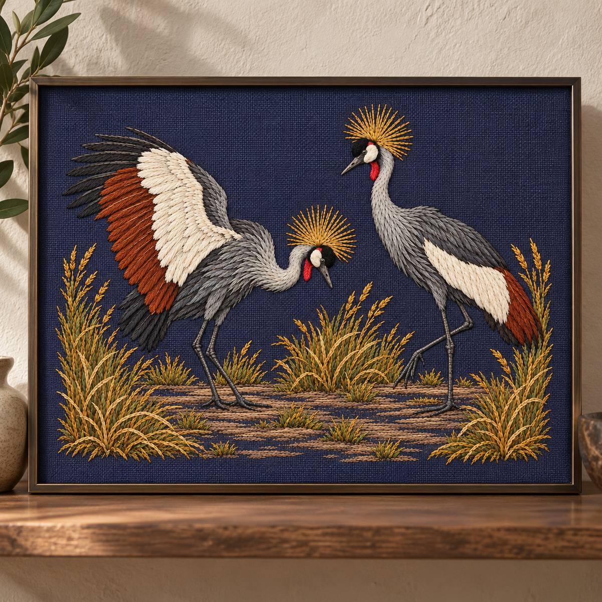 Crowned Crane Pair hand embroidery design on a framed wall display. Digital placement mockup; finished item and materials are not included.