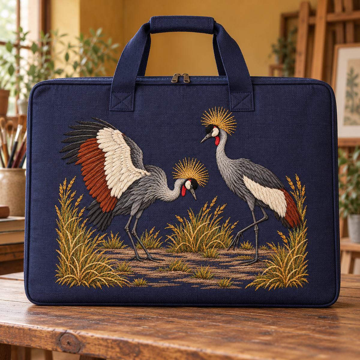 Crowned Crane Pair hand embroidery design on a blue carrying bag. Digital placement mockup; finished item and materials are not included.