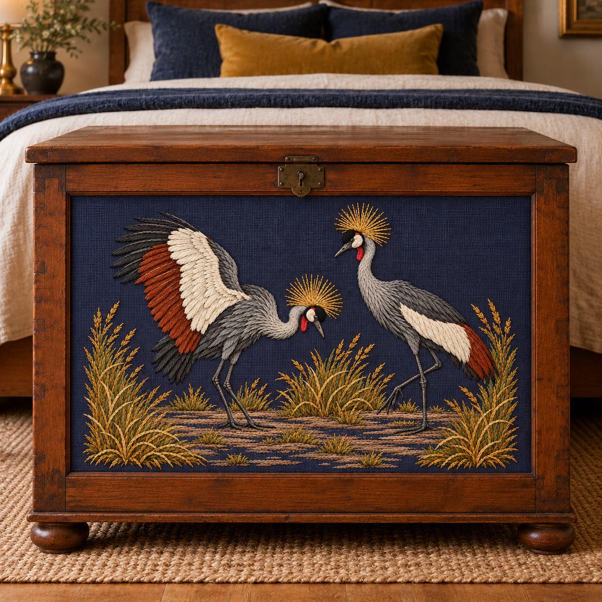 Crowned Crane Pair hand embroidery design on a wooden chest. Digital placement mockup; finished item and materials are not included.