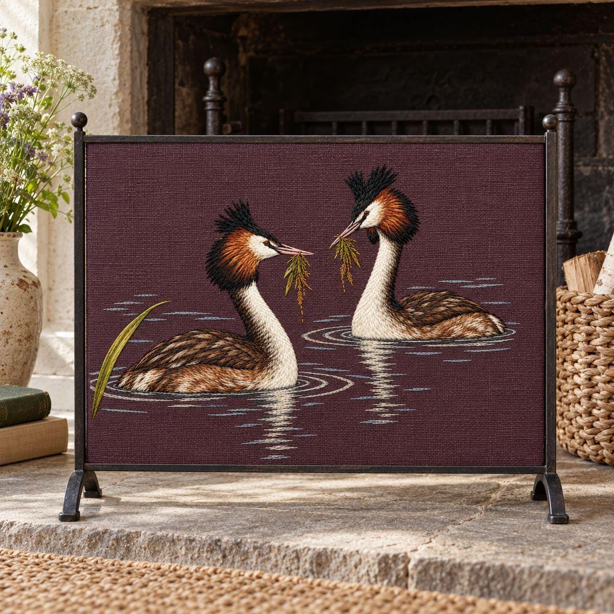 Grebe Pair embroidery design shown in a digital mockup of A single horizontal linen fire-screen panel in a slim dark iron freestanding frame in a summer cottage, unlit fireplace, diffuse morning light, full design unobstructed. Study 15.