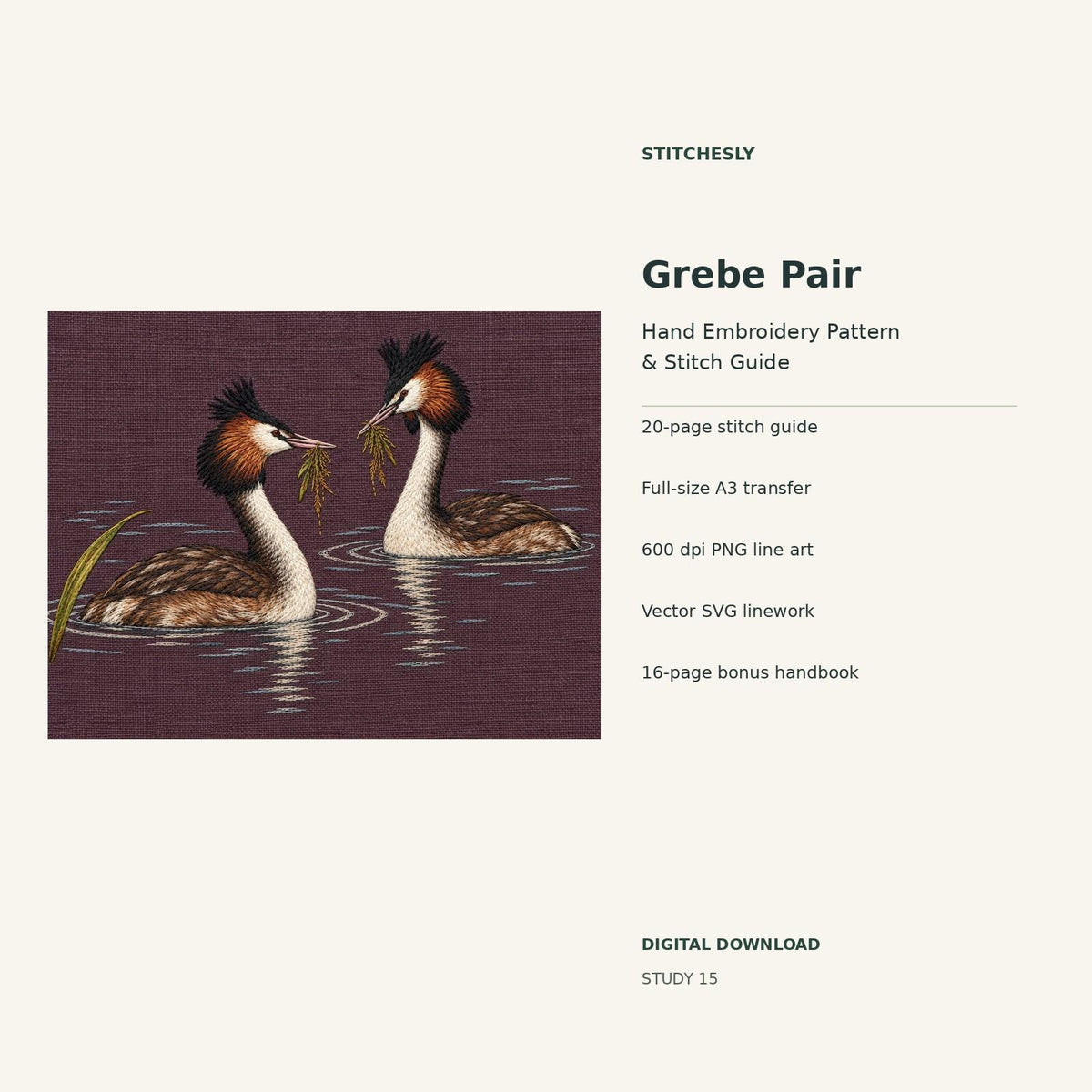 Grebe Pair hand embroidery digital package cover showing the reference artwork and included guide, transfer, PNG, SVG and bonus handbook.
