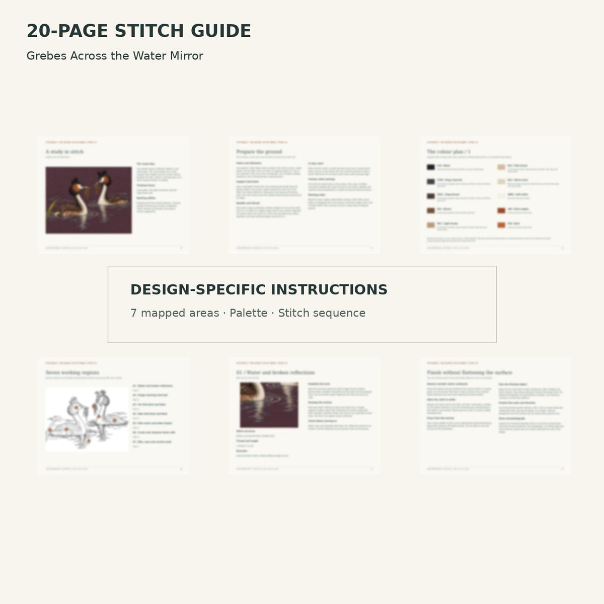 Protected page overview of the 20-page Grebe Pair stitch guide, including its numbered map, suggested palette and working sequence.