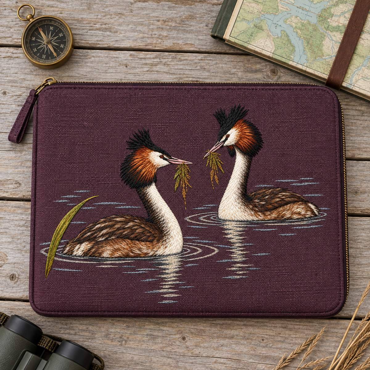 Grebe Pair embroidery design in a digital mockup of A broad mulberry linen zip folio for birdwatching field maps on a pale wooden dock table, perfectly top-down; brass compass far outside the design and a closed map beside it. Placement inspiration for Study 15.