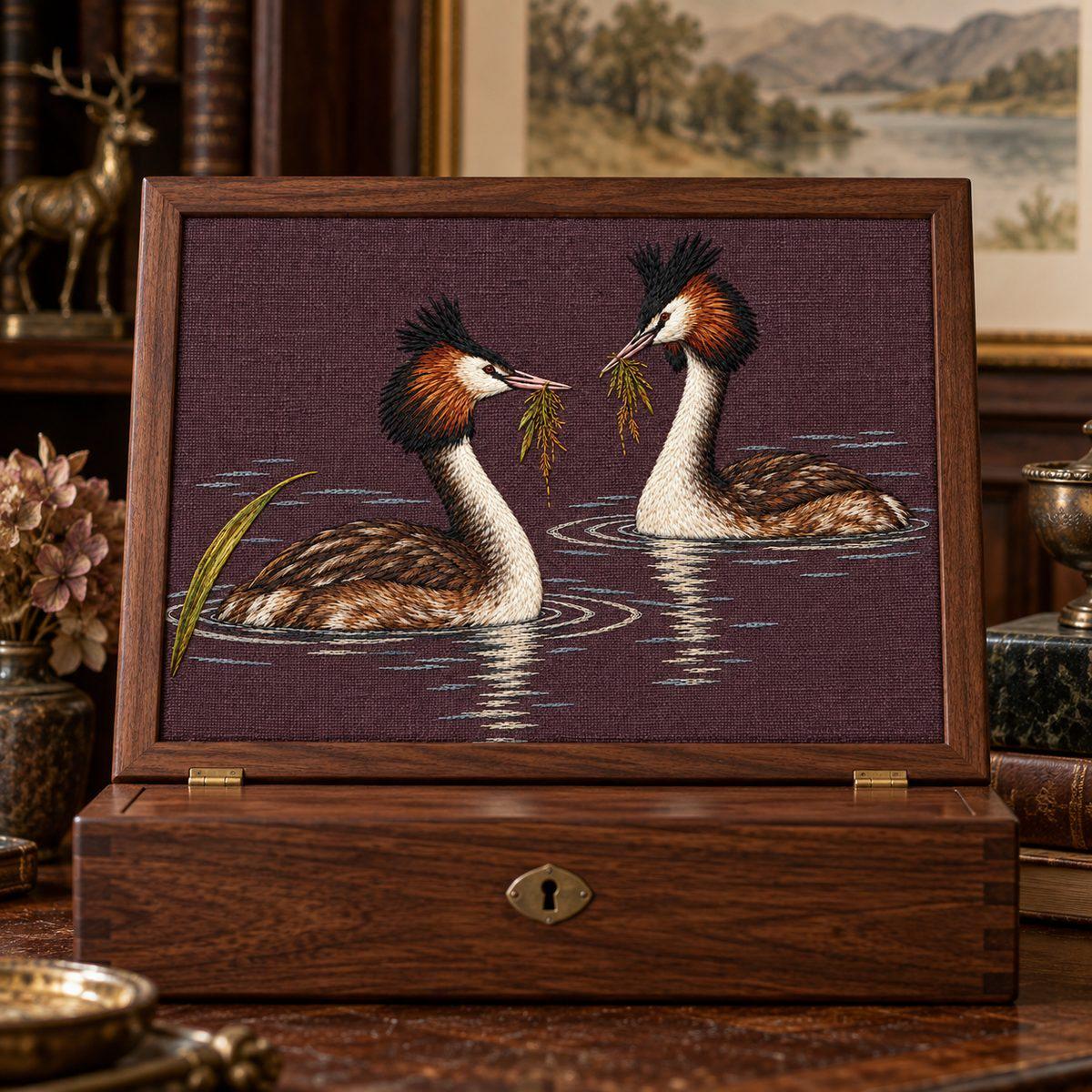 Grebe Pair embroidery design in a digital mockup of A landscape textile inset in the closed lid of a low walnut keepsake box, lid propped vertically so the full embroidered front faces the camera; intimate antique study setting with a blurred watercolour behind. Placement inspiration for Study 15.