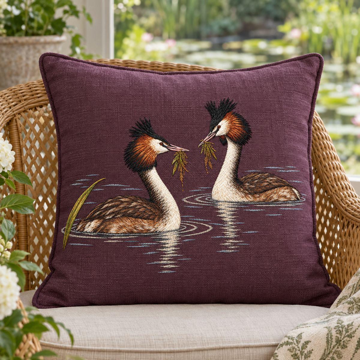 Grebe Pair embroidery design in a digital mockup of A tailored mulberry linen backrest cushion on a wide cane conservatory chair; almost frontal view and gentle uncreased surface, green pond garden softly blurred beyond. Placement inspiration for Study 15.