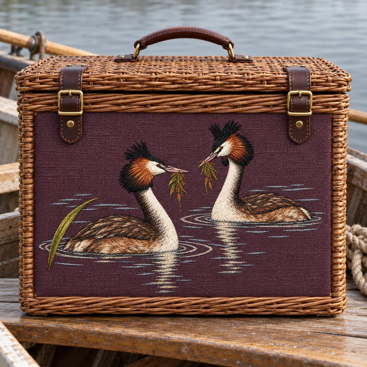Grebe Pair embroidery design in a digital mockup of A removable landscape embroidered textile panel on the front of a wicker picnic hamper, sitting on the stern bench of a moored rowboat; camera nearly perpendicular to the panel, muted grey water behind. Placement inspiration for Study 15.