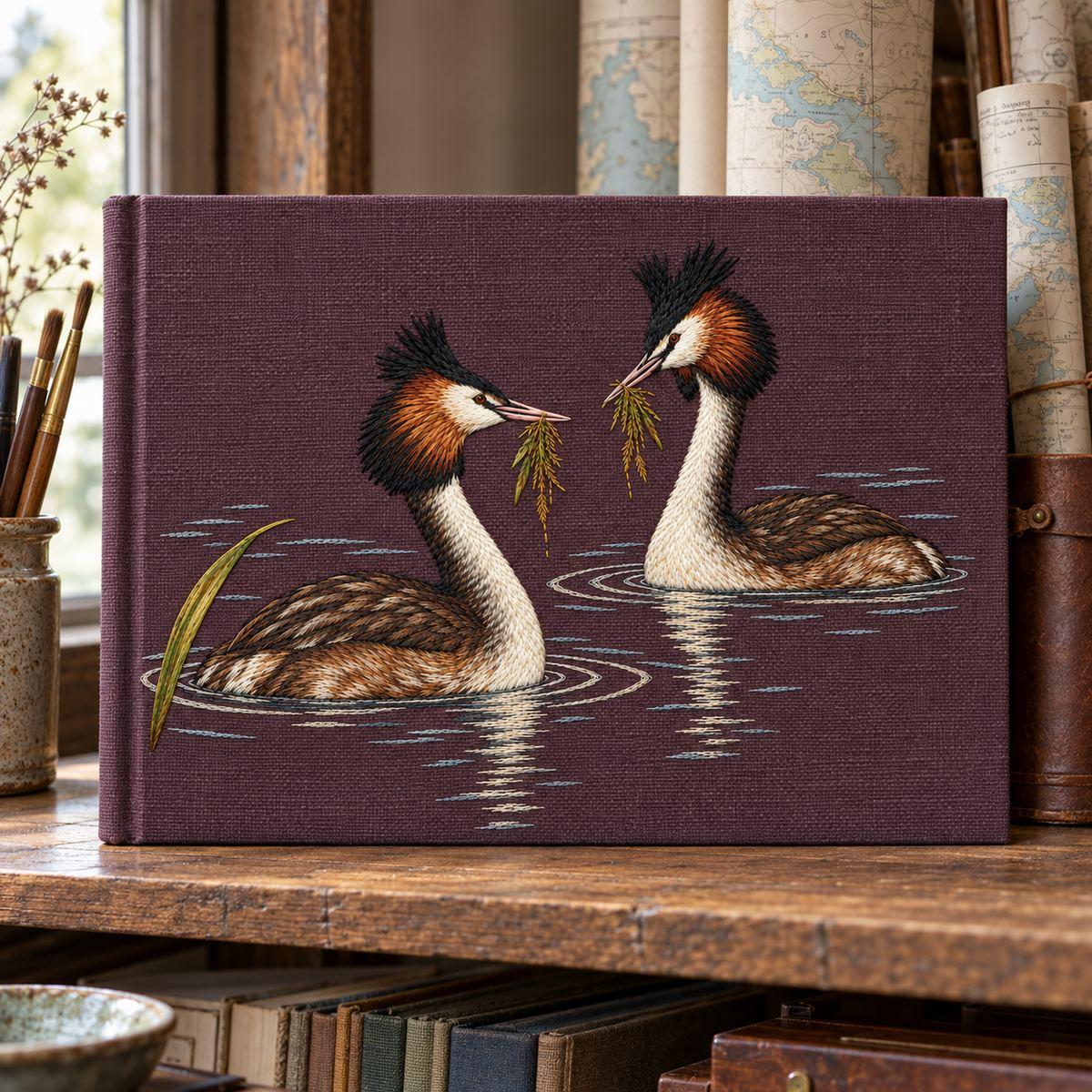 Grebe Pair embroidery design in a digital mockup of A landscape cloth-bound large sketch album with the complete embroidery inset on its front cover, upright on a wide shelf beside rolled lake maps; small archival workspace, natural side light. Placement inspiration for Study 15.