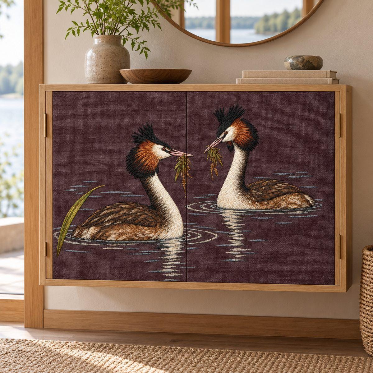 Grebe Pair embroidery design in a digital mockup of A wall-mounted pale oak two-door cabinet whose single uninterrupted broad central linen panel carries the whole design, doors closed with hinge seams outside embroidery; tranquil lakeside hallway. Placement inspiration for Study 15.