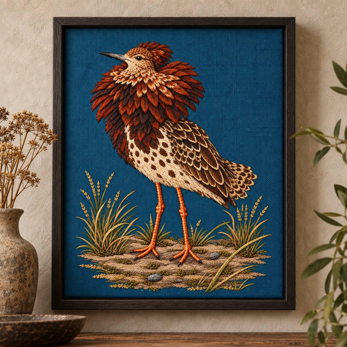 Ruff embroidery design shown in a digital mockup of A portrait textile artwork mounted without glass in a shallow blackened-oak shadow frame on a limewashed wall, close gallery photograph, restrained warm light, full motif and thin margins. Study 16.