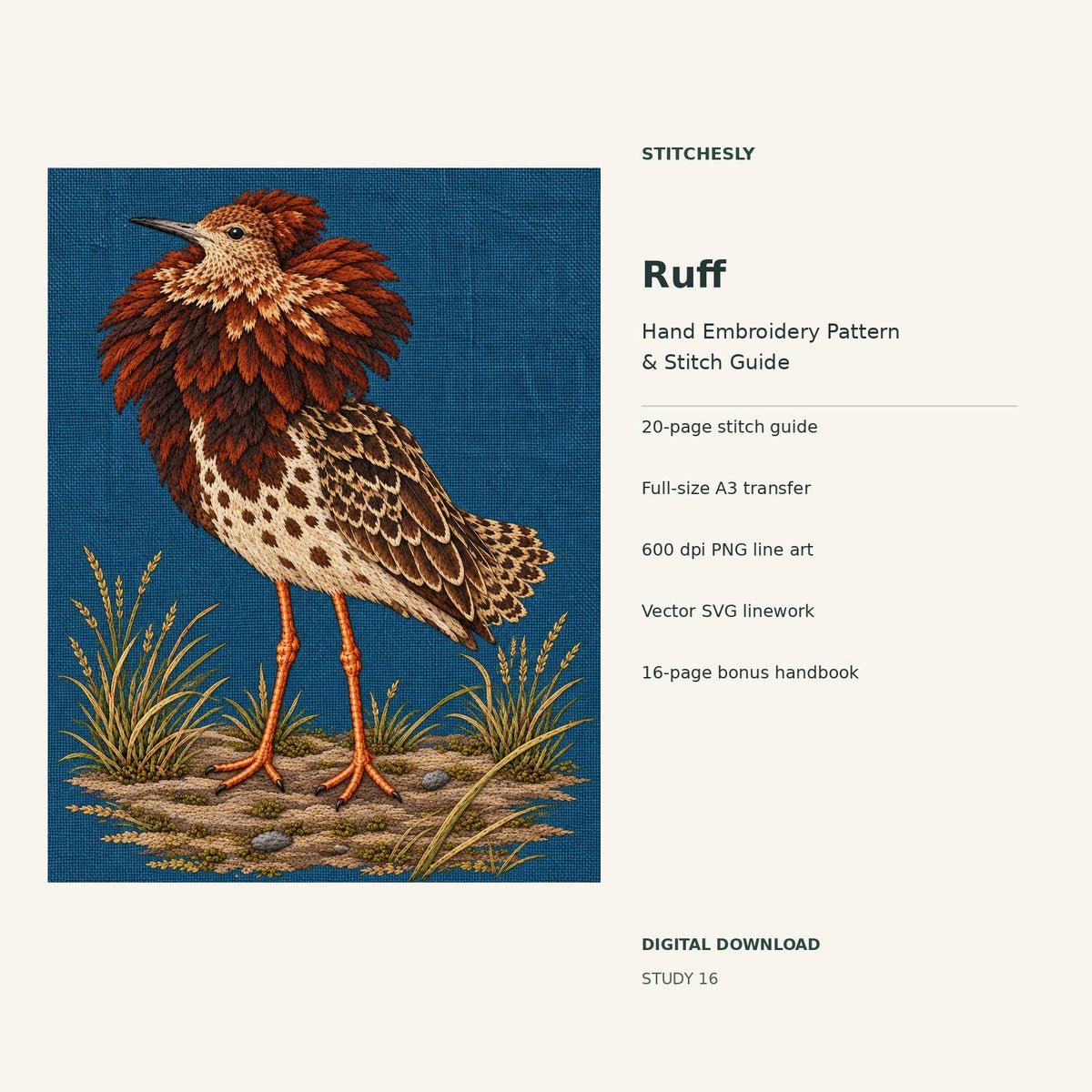 Ruff hand embroidery digital package cover showing the reference artwork and included guide, transfer, PNG, SVG and bonus handbook.