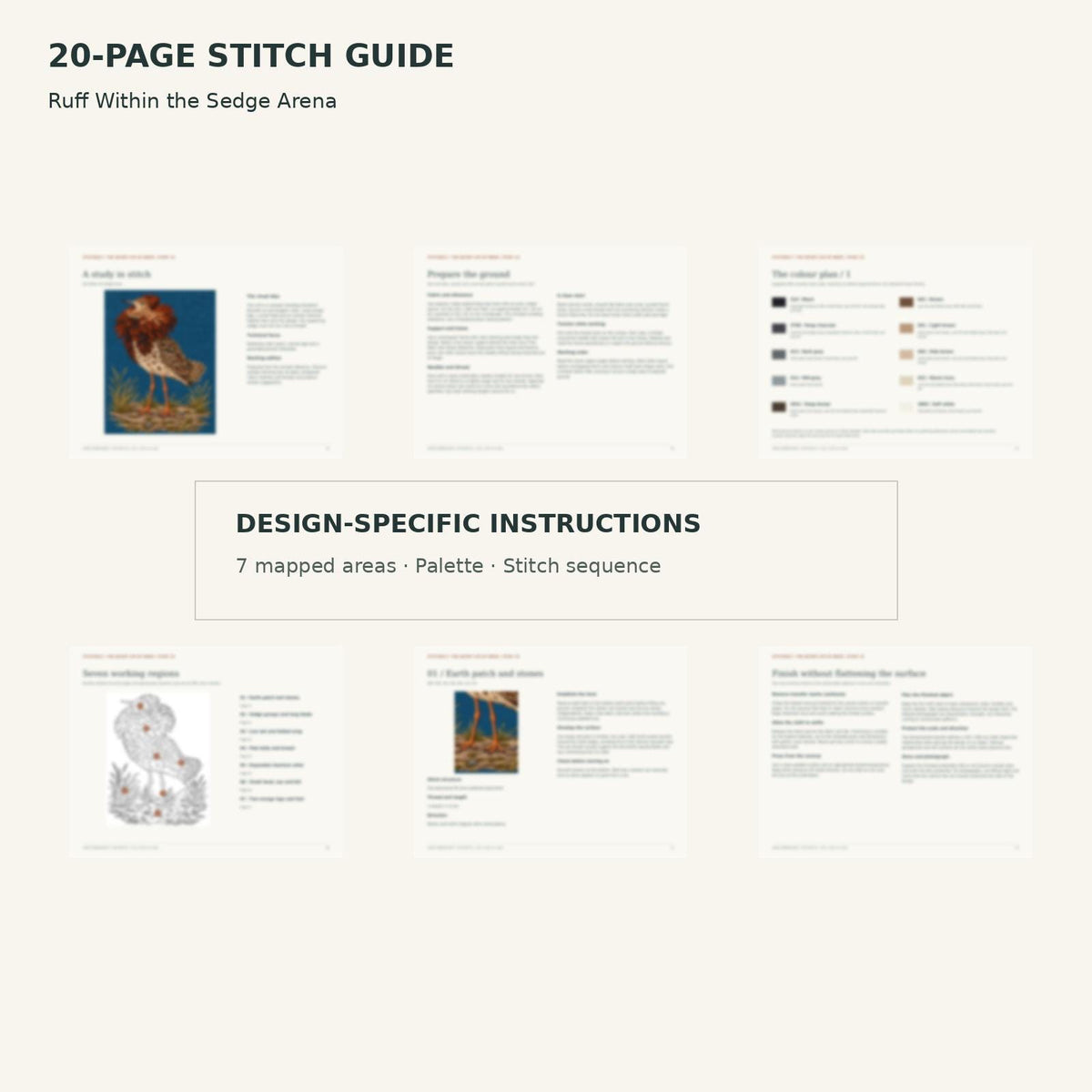 Protected page overview of the 20-page Ruff stitch guide, including its numbered map, suggested palette and working sequence.