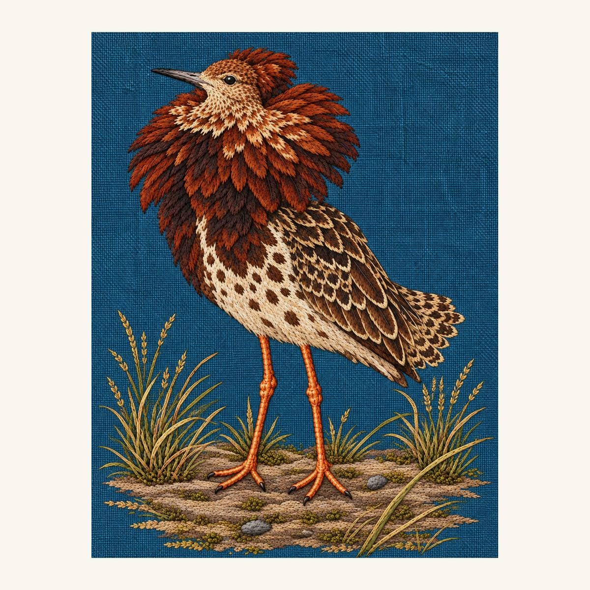 Digital embroidery reference showing a ruff with a chestnut display collar on washed blue-teal linen, portrait composition.