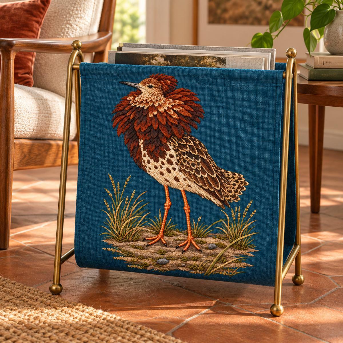 Ruff embroidery design in a digital mockup of A tall blue-teal linen magazine sling on a freestanding brass rack, front taut and flat with the full portrait embroidery; sunlit mid-century reading corner and warm terracotta floor. Placement inspiration for Study 16.