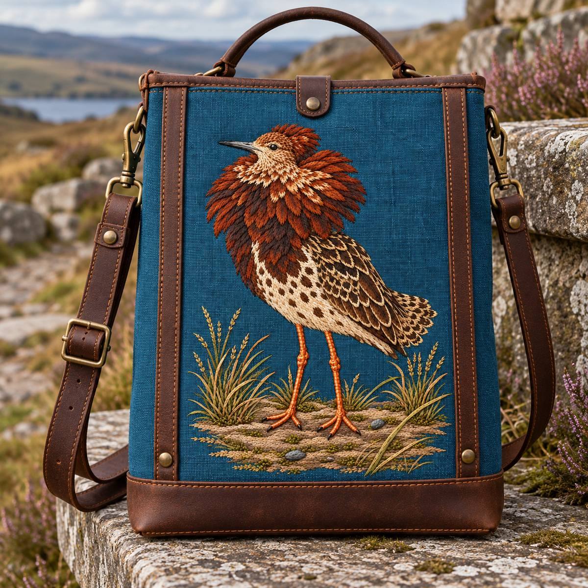 Ruff embroidery design in a digital mockup of A portrait textile insert on the front of a structured tall walking satchel resting against a stone bench, straps outside the embroidery; quiet upland path setting, no people. Placement inspiration for Study 16.