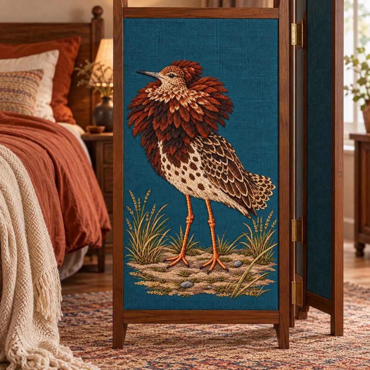 Ruff embroidery design in a digital mockup of A narrow freestanding walnut dressing-screen leaf with one tall teal embroidered panel; softly lit bedroom with rust-coloured bedding, camera frontal and all feet visible. Placement inspiration for Study 16.