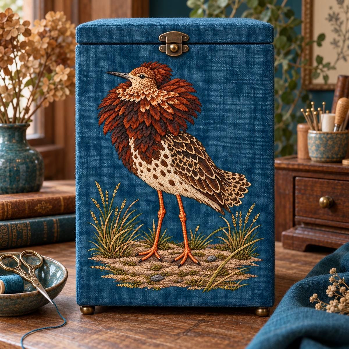 Ruff embroidery design in a digital mockup of A tall rectangular linen-covered sewing chest standing upright with embroidered lid facing camera, small scissors in a separate side dish; refined home atelier, matte teal and chestnut palette. Placement inspiration for Study 16.