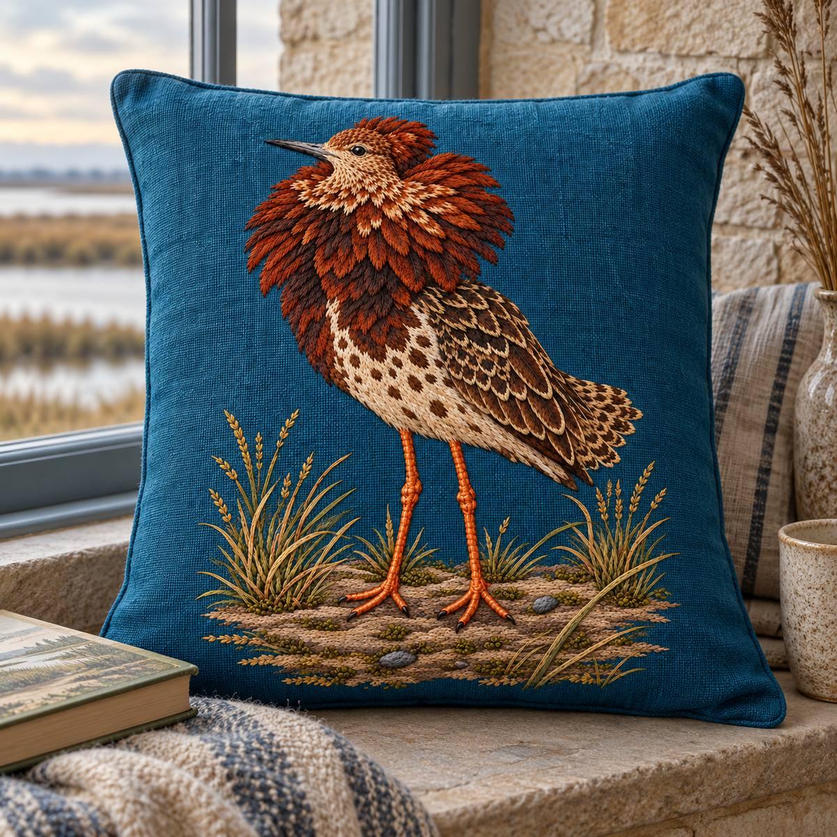 Ruff embroidery design in a digital mockup of A tall blue-teal cushion with an uncreased central panel on a stone-window reading bench; nearby book outside motif, subdued marsh light, full ground patch visible at bottom. Placement inspiration for Study 16.