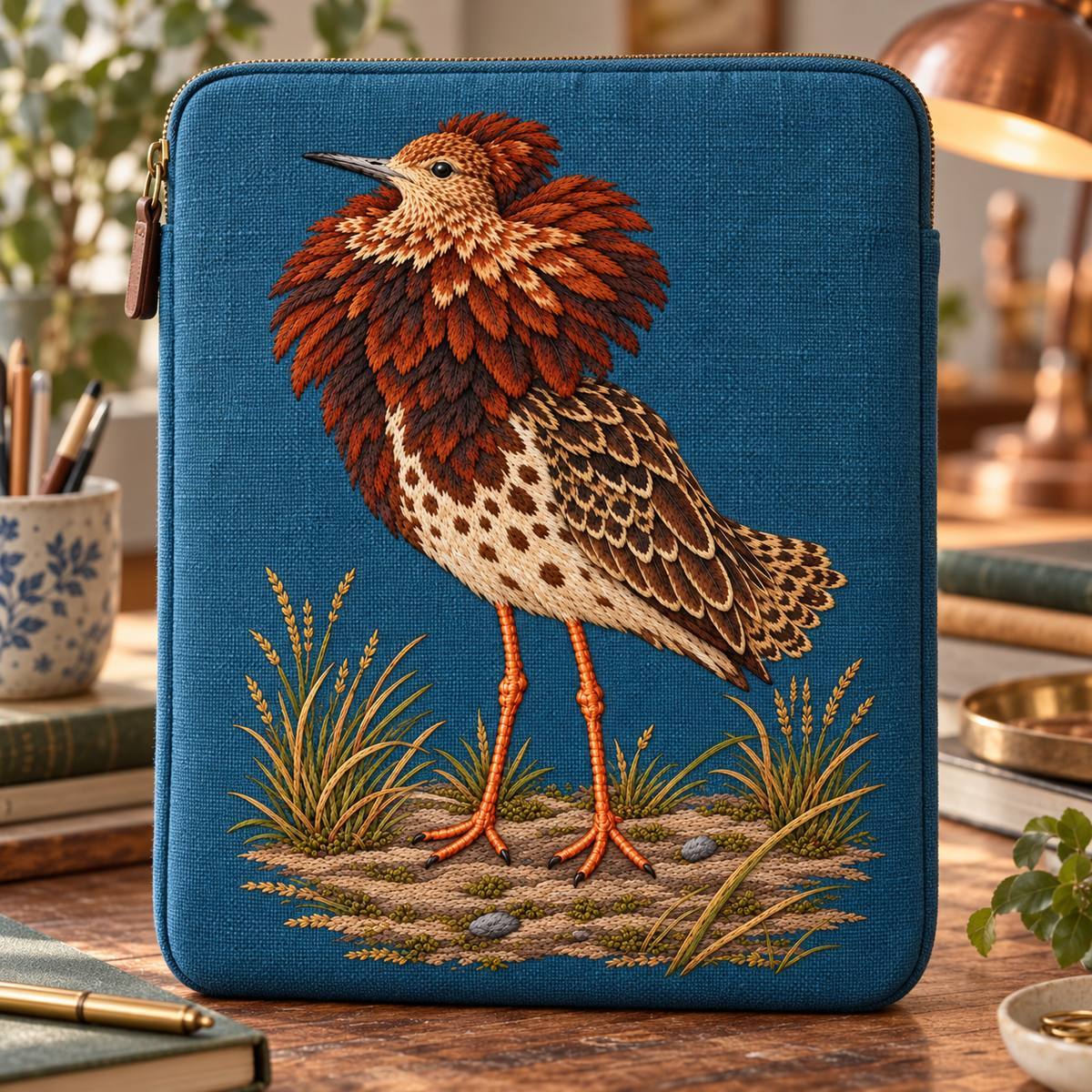Ruff embroidery design in a digital mockup of A tall structured linen laptop sleeve standing vertically on a craft desk, full portrait embroidery centred well away from zipper; copper task lamp out of focus on the far side. Placement inspiration for Study 16.