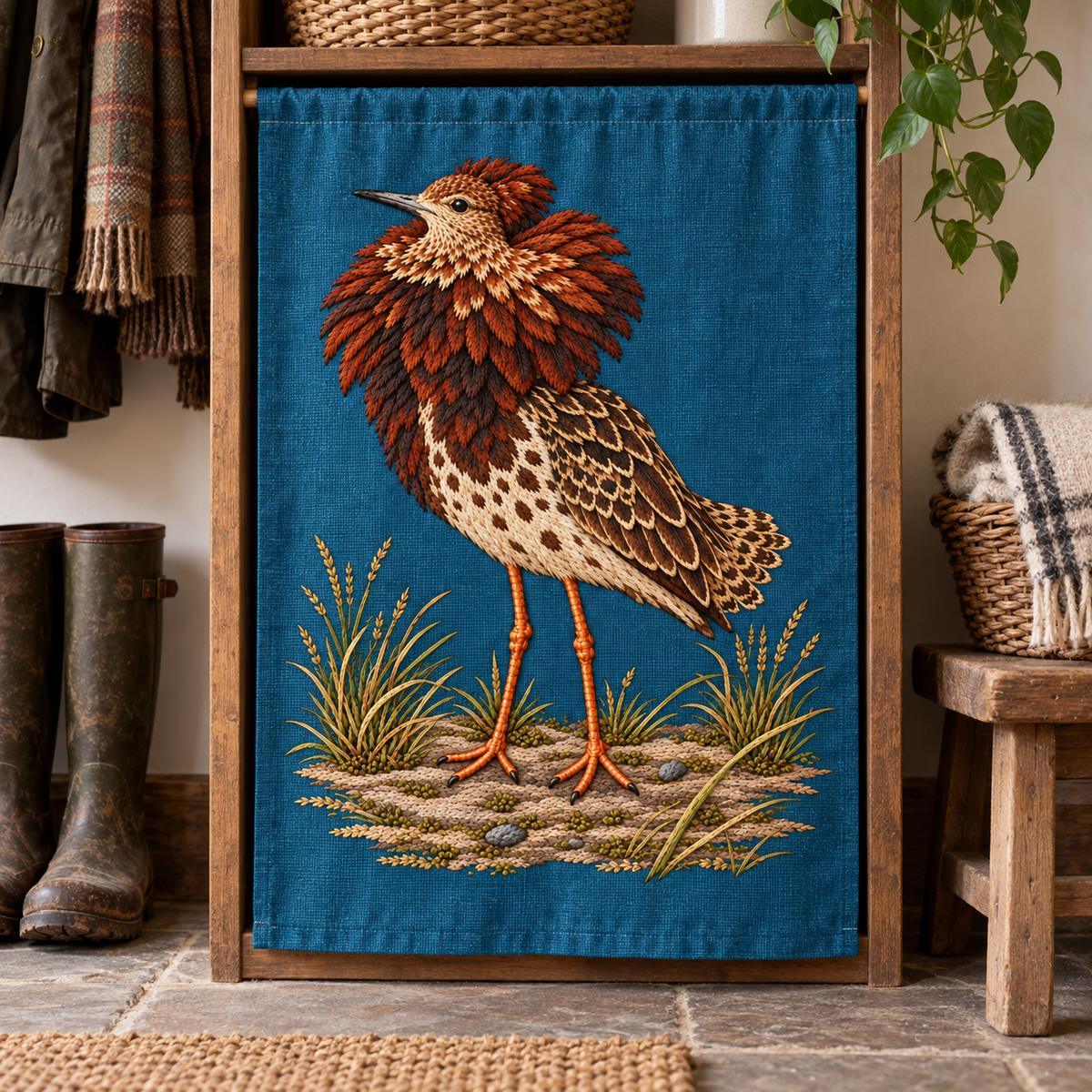 Ruff embroidery design in a digital mockup of A blue-teal linen front curtain on a tall narrow open storage cubby, cloth pulled flat and no central split; rustic mudroom with boots to one side, full upright bird unobstructed. Placement inspiration for Study 16.