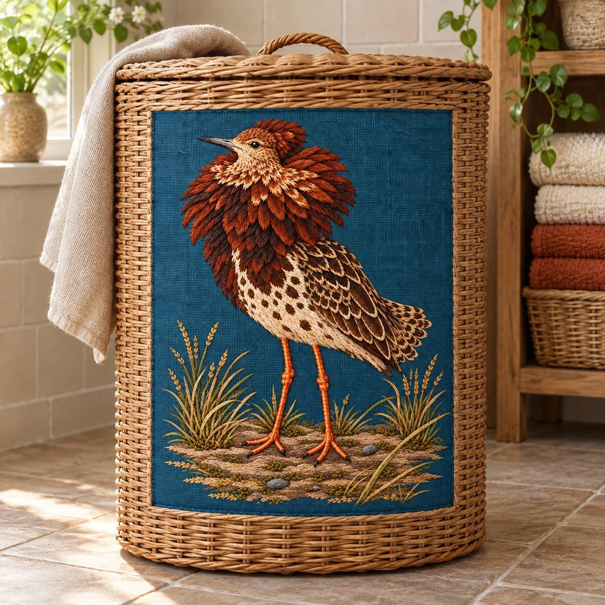 Ruff embroidery design in a digital mockup of A removable embroidered panel on a tall wicker laundry basket in a calm tiled linen room, front camera-facing and panel flat, warm folded towels on a separate shelf. Placement inspiration for Study 16.