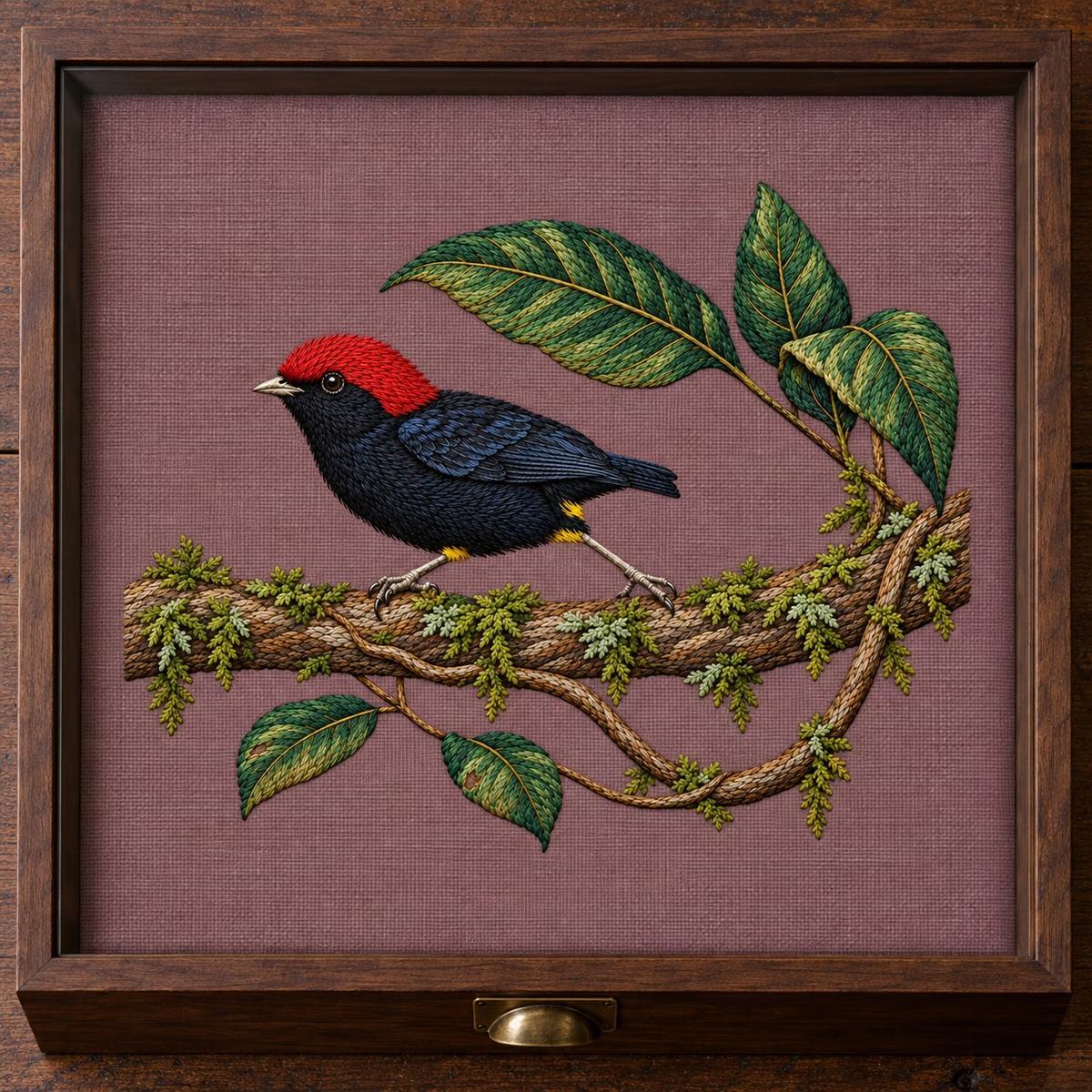 Manakin hand embroidery design on a framed tabletop display. Digital placement mockup; finished item and materials are not included.