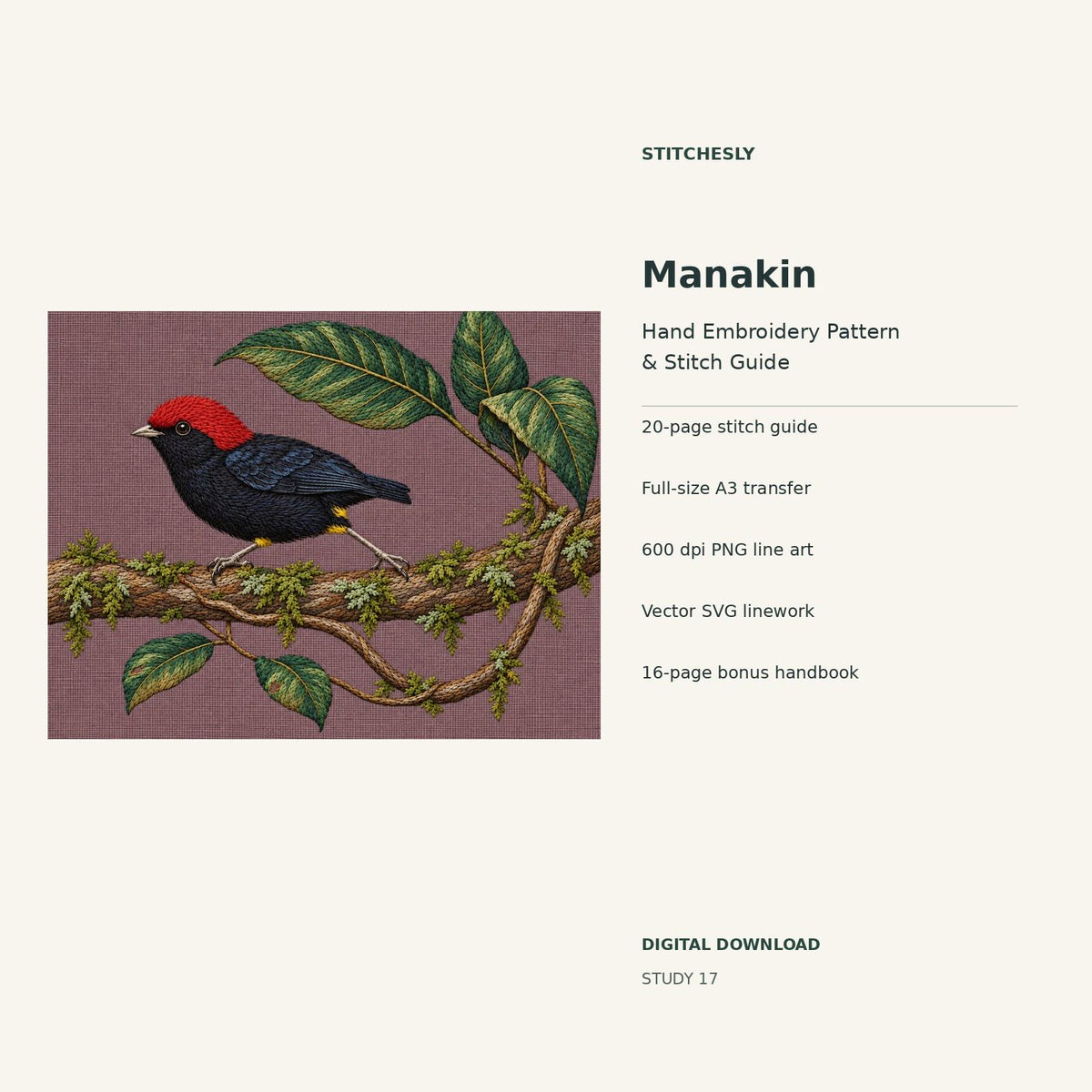 Manakin hand embroidery digital package cover showing the reference artwork and included guide, transfer, PNG, SVG and bonus handbook.