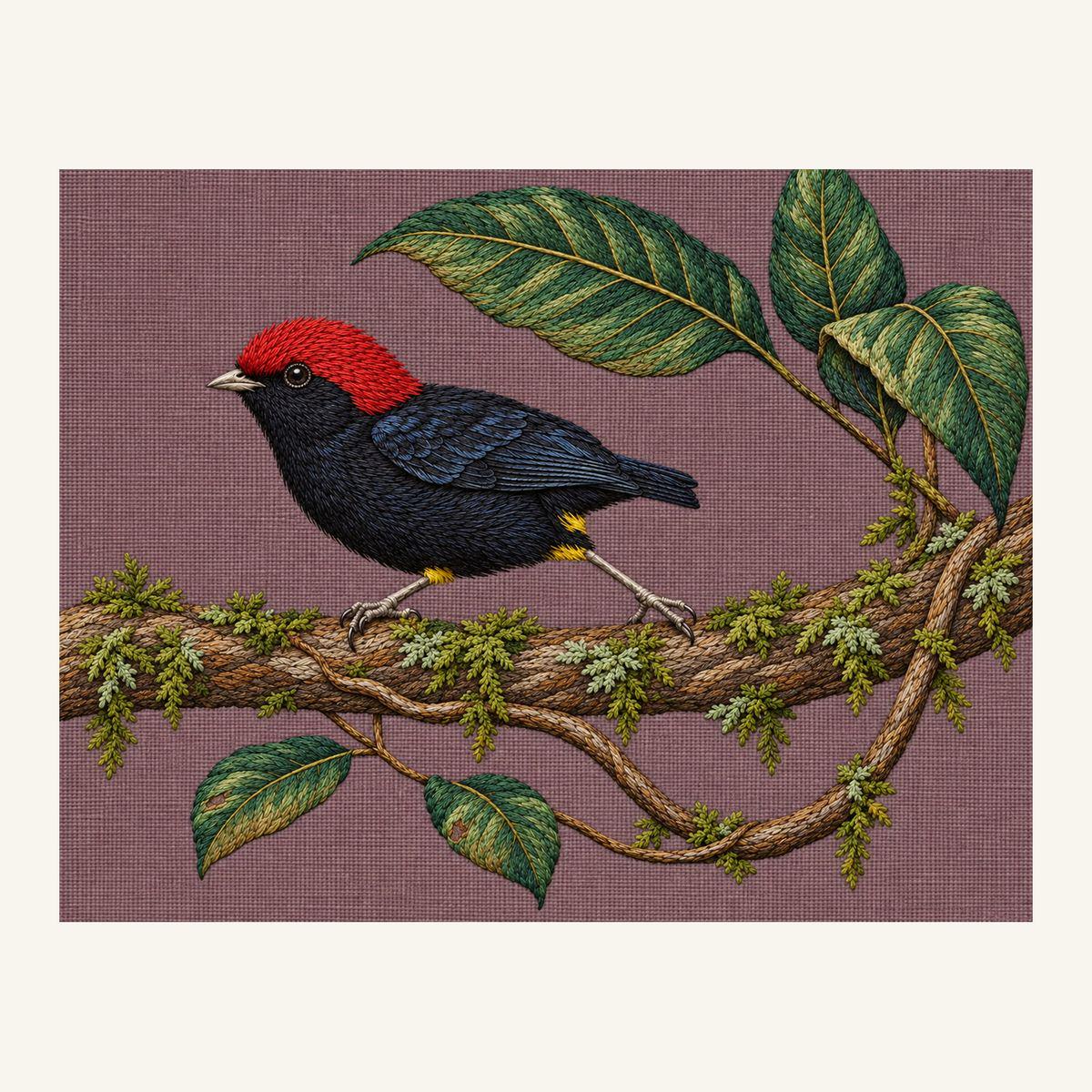 Digital embroidery reference showing a red-capped manakin on a mossy vine on dusty mauve linen, landscape composition.