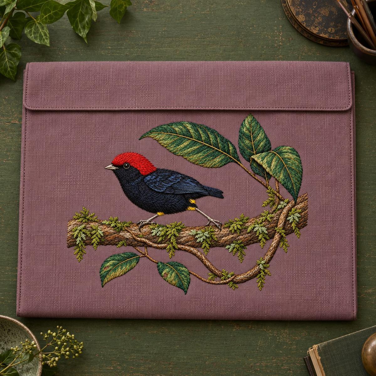 Manakin hand embroidery design on a pink linen envelope case. Digital placement mockup; finished item and materials are not included.