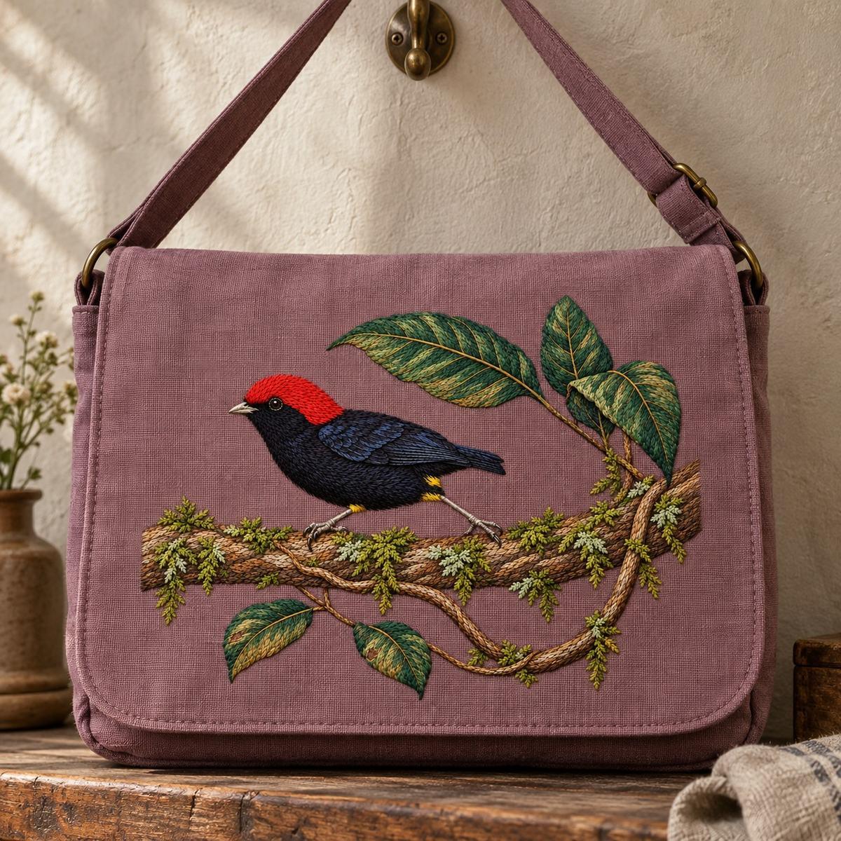 Manakin hand embroidery design on a shoulder bag. Digital placement mockup; finished item and materials are not included.
