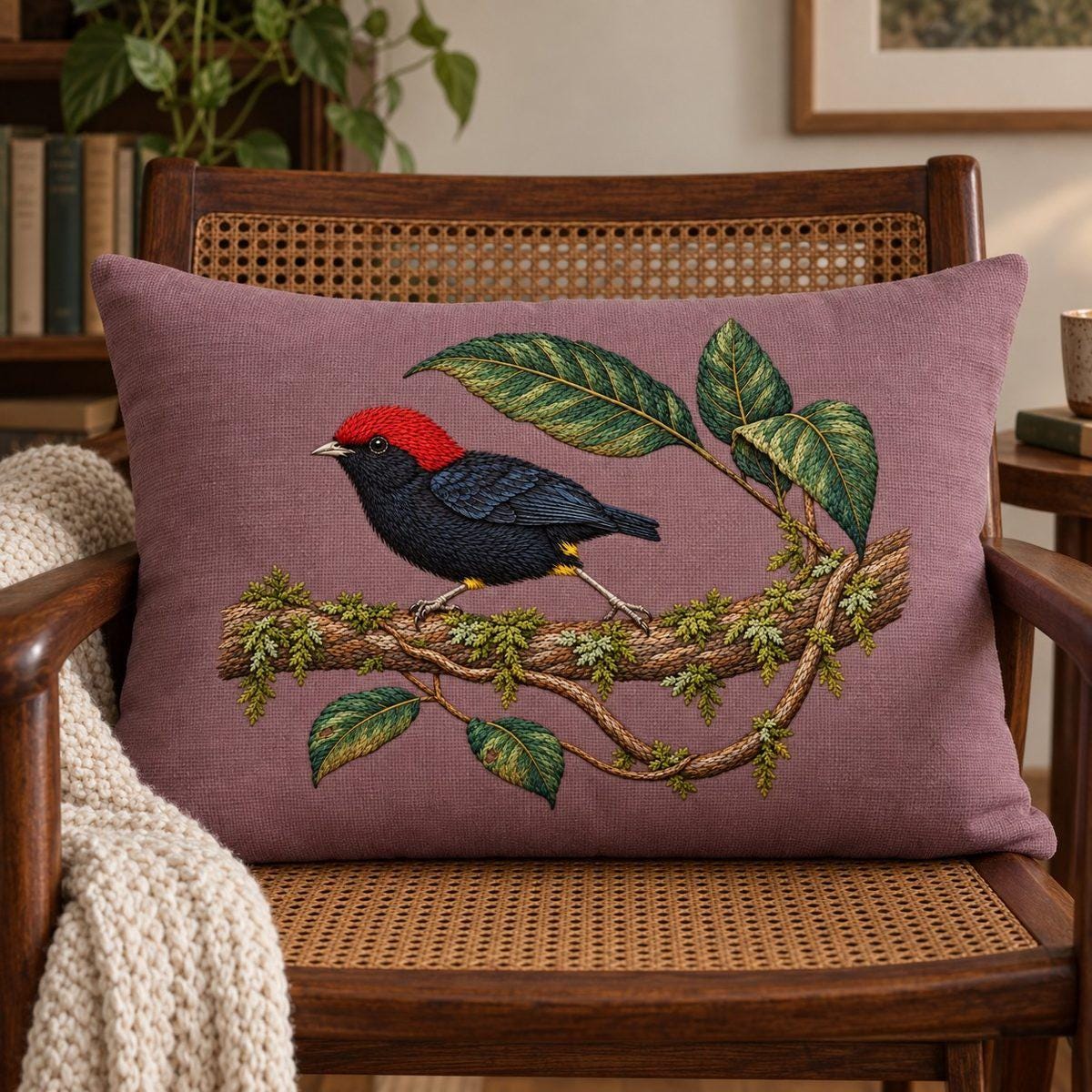 Manakin hand embroidery design on a pink cushion on a woven chair. Digital placement mockup; finished item and materials are not included.