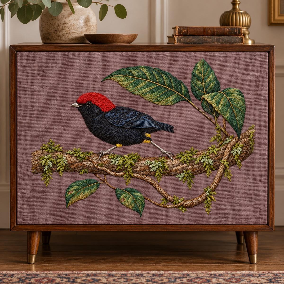Manakin hand embroidery design on a small wooden cabinet. Digital placement mockup; finished item and materials are not included.