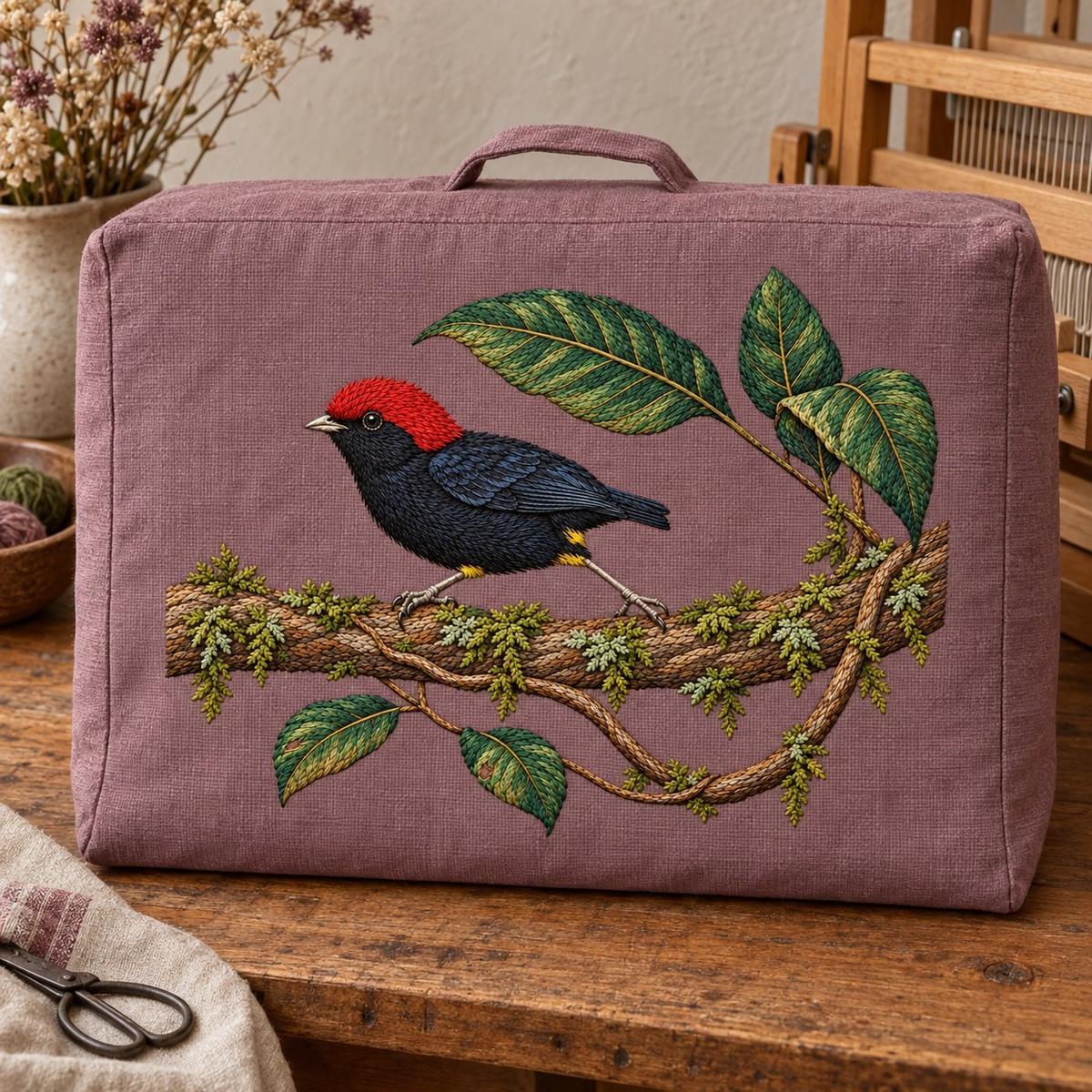 Manakin hand embroidery design on a pink textile carrying case. Digital placement mockup; finished item and materials are not included.