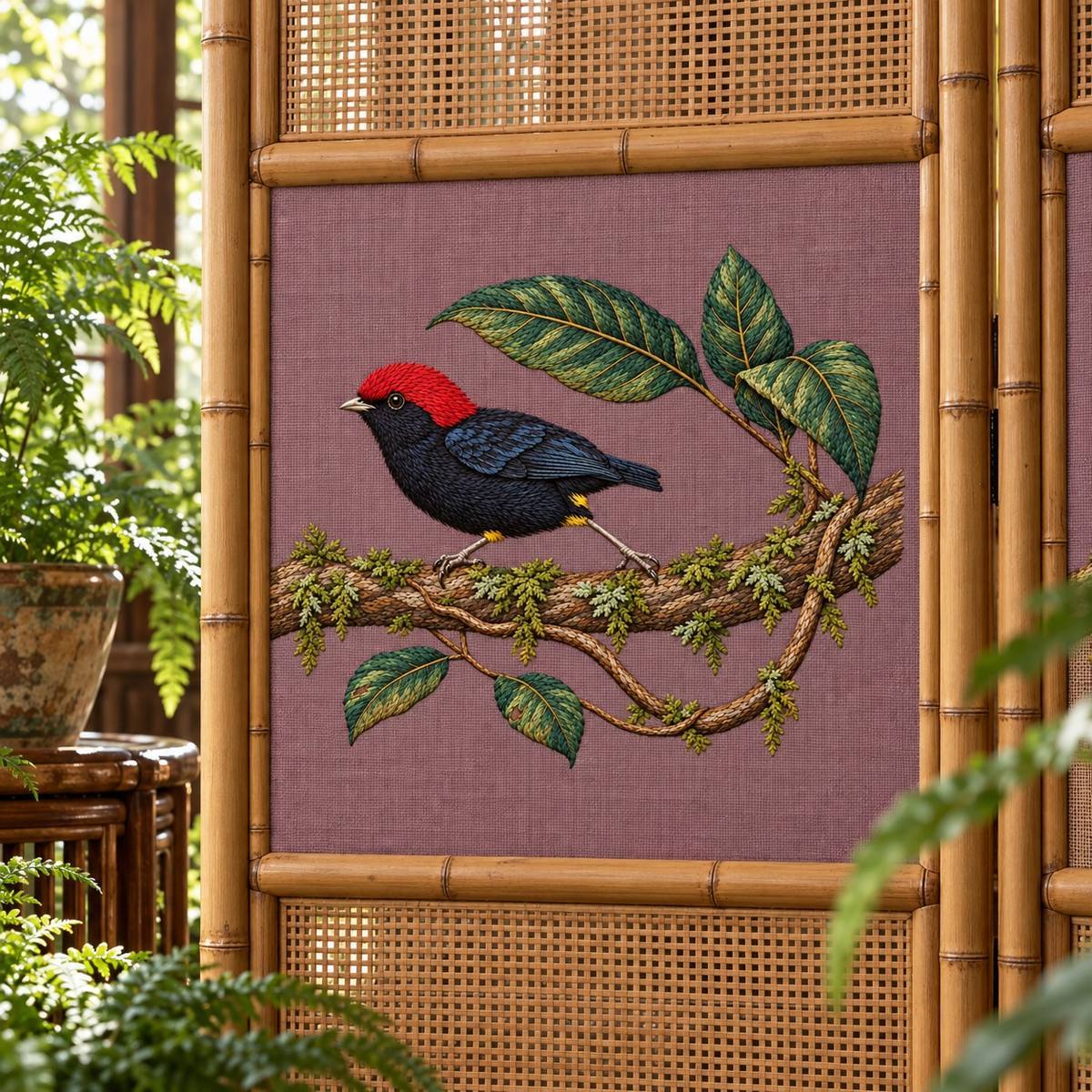 Manakin hand embroidery design on a woven standing screen. Digital placement mockup; finished item and materials are not included.